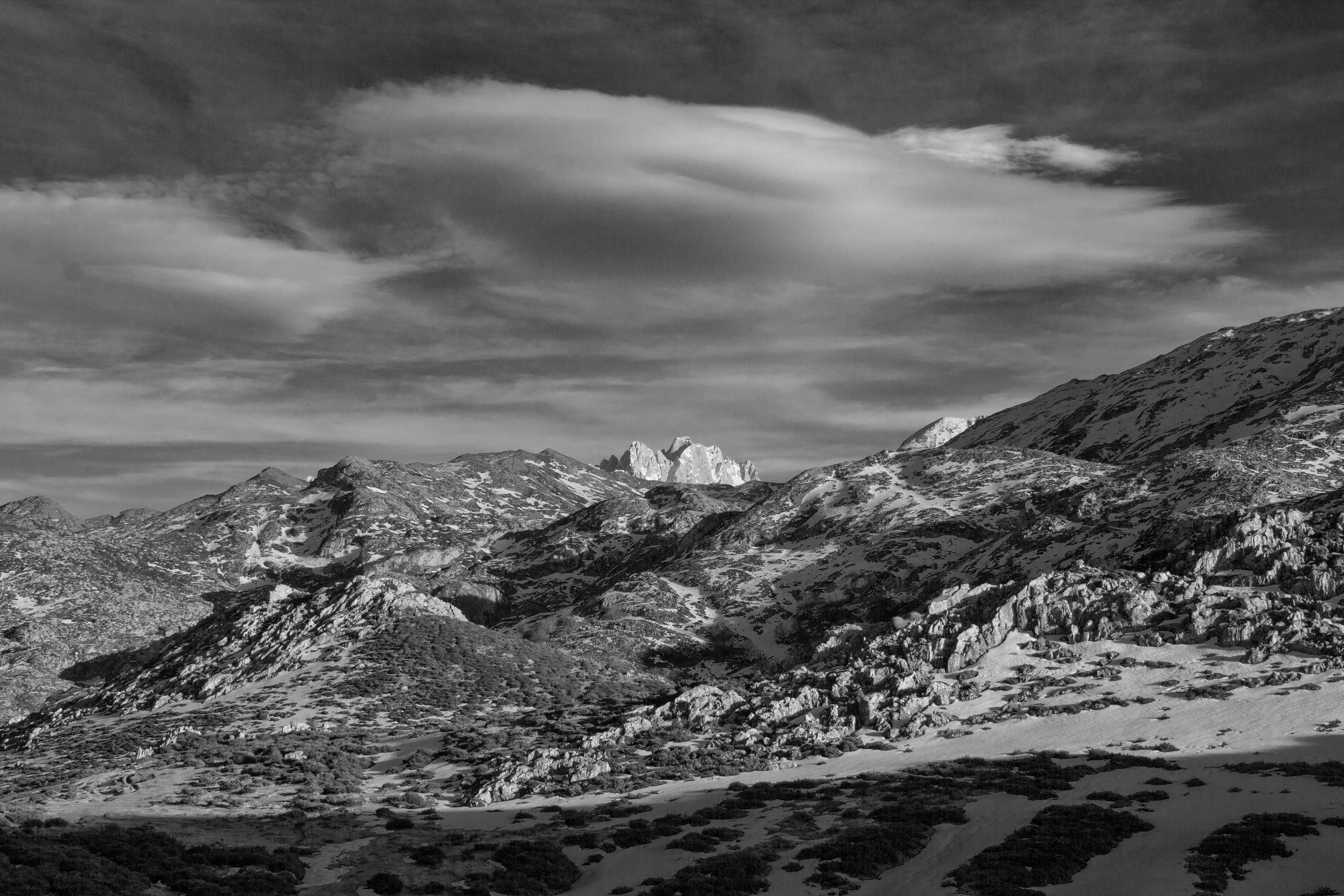 grayscale photography of mountains